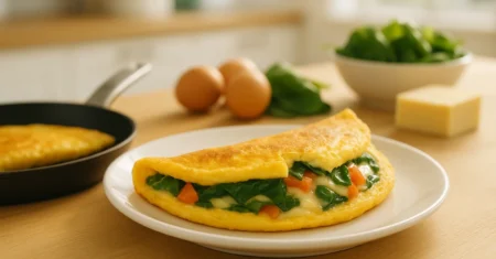 Omelete recheada para diabético, café da manhã proteico em 10 minutos, receita prática, baixa em carboidratos e dicas para controlar a glicemia